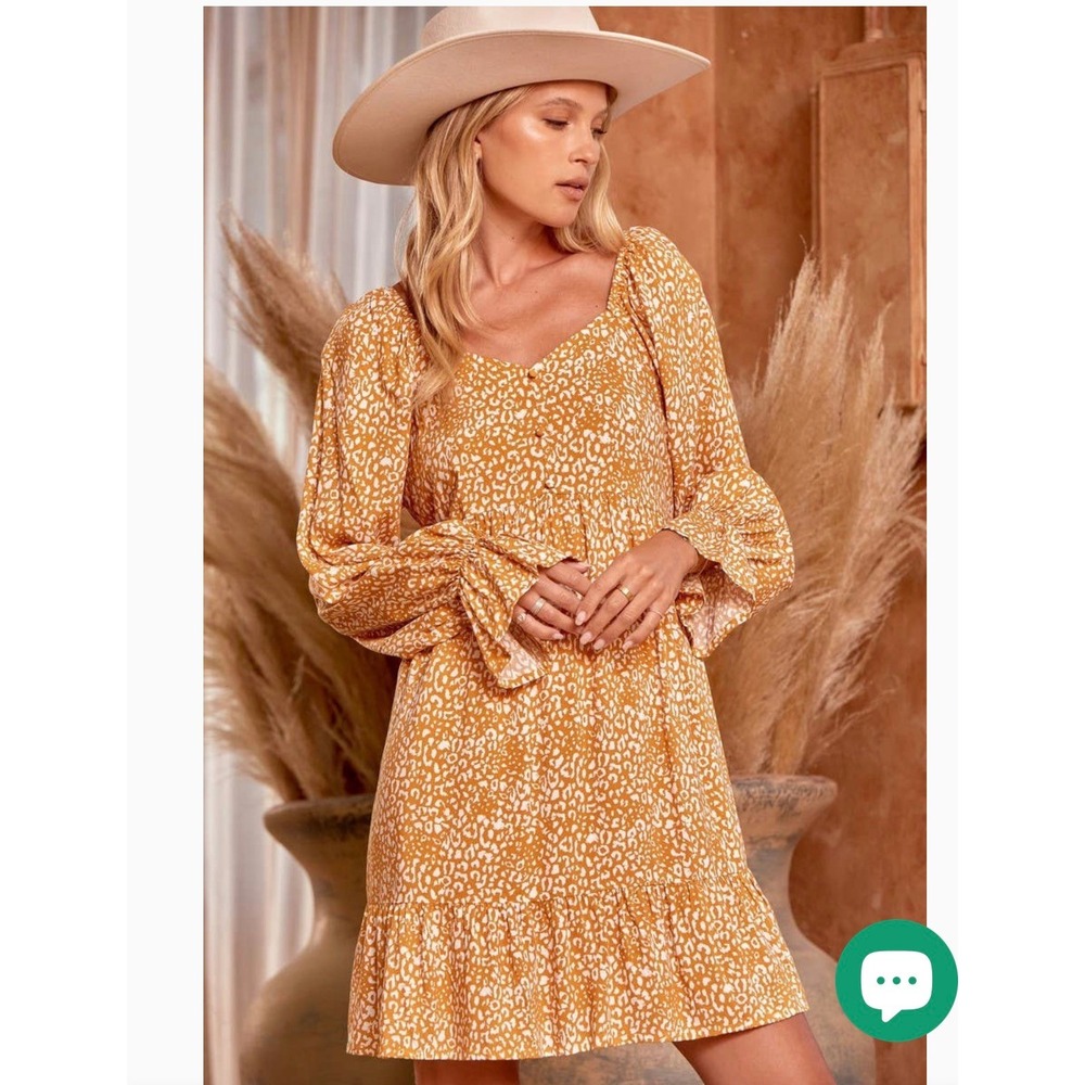 Savanna Jane Gold White Leopard Print Mini Dress Long Sleeve L D10262 NEW